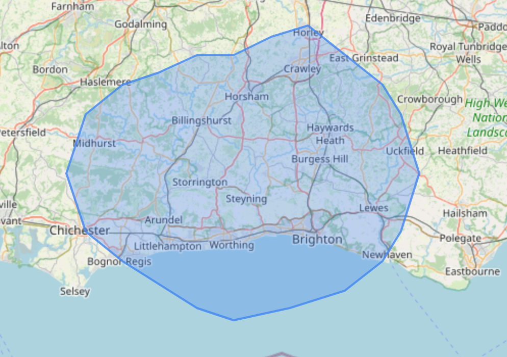Coverage map showing Sussex service area with blue boundary outline